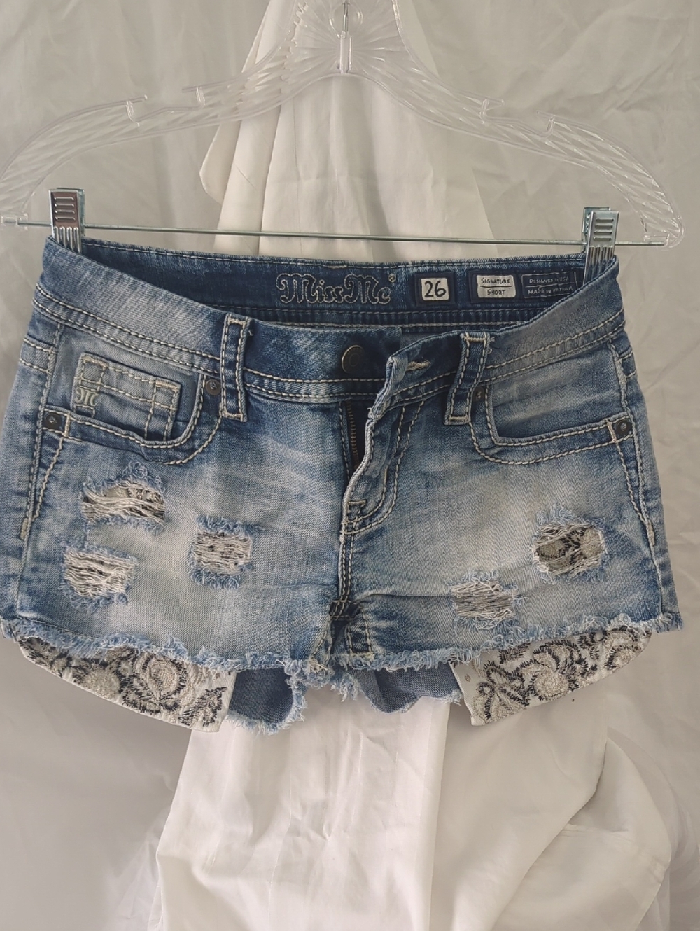 Miss Me Light Blue Distressed Denim Jean Shorts with Lace Trim
